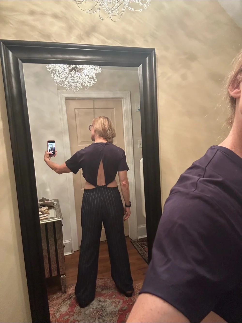 RARE!! DION LEE sz 6? Navy Pinstripe wide leg Cutout Jumpsuit with Front Knot_7